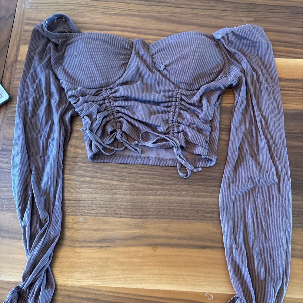 Off-Shoulder Ruched Long-Sleeve Crop Top in brown